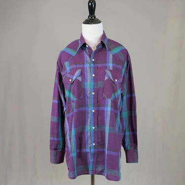 80s 90s Men's Plaid Shirt - Country Western - Purple Green Blue Gray Yellow - Pearl Snaps - Rock Canyon - Vintage 1980s 1990s - M 