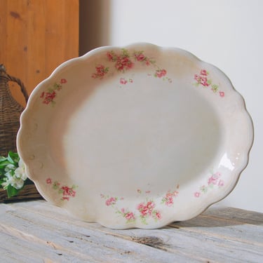 Antique pink and white transferware ironstone platter / vintage floral ironstone serving plate / French country cottage farmhouse decor 