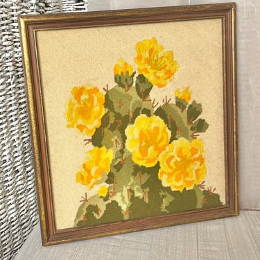 Vintage Needlepoint Wall Art, Cactus Flowers, Cactus, Prickly Pears, Hand Stitched, Wood Frame, Home Decor, Wall Hanging 