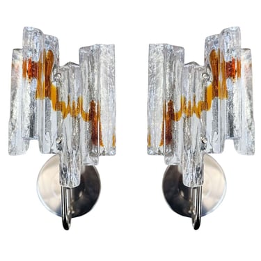Pair of Clear &amp; Amber Murano Glass Sconces, c. 1960's