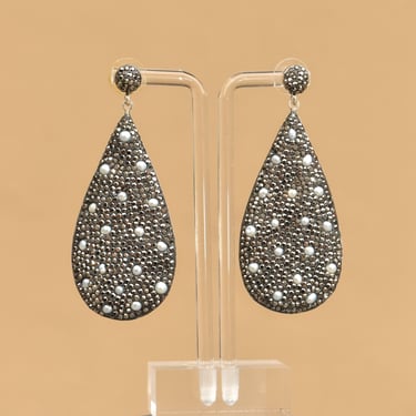 Dazzling Marcasite Seed Pearl Encrusted Sterling Silver Teardrop Earrings, Estate Jewelry, 3" L 