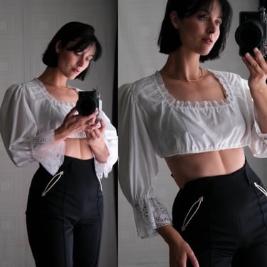 Vintage 70s Crisp White Cotton Ultra Crop Blouse w/ Billowing Poof Sleeves & Lace Trim | Hand Made | 1970s German Western Boxy Crop Blouse 