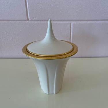 Vintage 1990s l’Objet Cream & Gold Covered Ceramic Candy Jar With Lid 