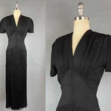 1930s Fringed Dress / Black Crepe Gown with Tasselled Fringe Skirt / 1930s Evening Gown / Size Small 