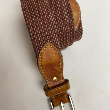 80’s textile woven belt with leather ~ micro tweedy reddish & tan hue skinny trouser belt/ unisex androgynous preppy / size 32”-34” 