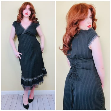 Y2K Designer Coupe Pin Stripe Ruffle Dress / Vintage Corset Lace up Wrap Bodice Goth Dress / Size Large 