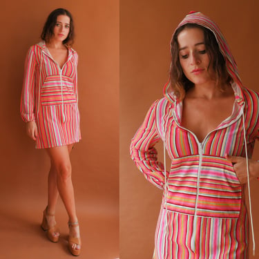 Vintage 70s Striped Hooded Mini Dress/ 1970s Terrycloth Beach Cover Up/ Rainbow Stripes/ Small 