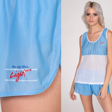 Vintage Two Piece Outfit 80s Miracle Whip Light Jogging Romper Set Shorts Tank Top Playsuit Blue White Mesh Gym Athletic 1980s Small Medium 