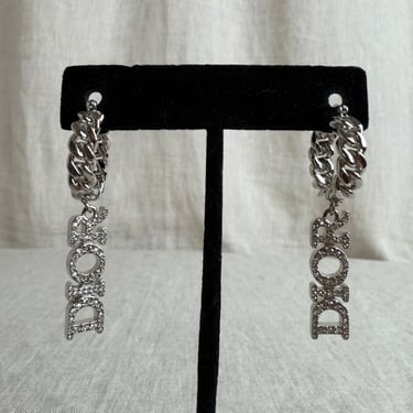 Dior Silver Crystal Logo and Chain Earrings