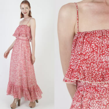 Red Calico Floral Long Sundress Picnic Style Country Maxi Dress Matching Belt Vintage 70s Thin Spaghetti Straps 