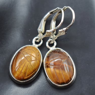 70's 925 silver tiger eye Egyptian scarab GSJ dangles, chatoyant beetles sterling Gold Stone Jewelry hippie earrings 