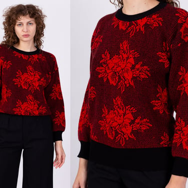 80s Red & Black Floral Sweater - Medium | Vintage Soft Slouchy Pullover Rose Flower Jumper 