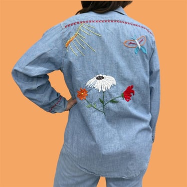 Vintage Chambray Button-down Shirt Retro 1970s Big Mac + JcPenny + Size Medium + Embroidered + Flower + Sun + Butterfly + Cotton + Unisex 