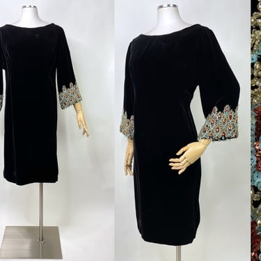 1960s Black Velvet, Heavily Beaded Bell Sleeve Cocktail Dress by Saks Fifth Avenue Medium Petite | Vintage, Mod, Elegantly Sexy, Formal 