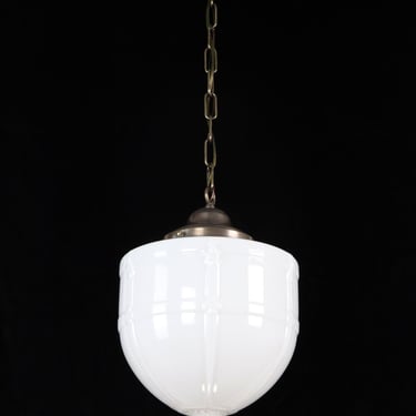 1910s Schoolhouse Milk Glass Brass Chain Pendant Light