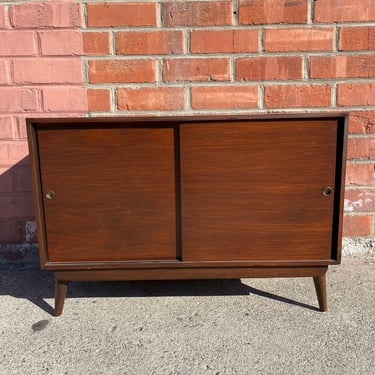 Mid Century Modern Record Cabinet MCM Console Storage Media Record Sliding Door Credenza Wood Finish Office Midcentury Vintage Furniture 