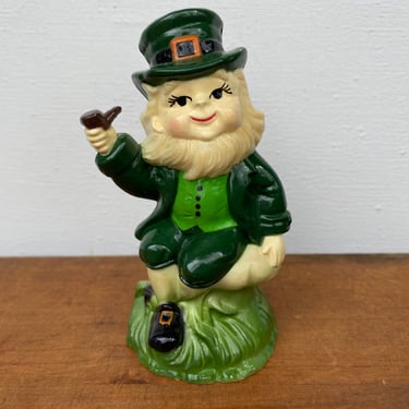Vintage Leprechaun With Pipe, Seated On Mushroom, Resin St. Patrick's Day Figurine, Decor 