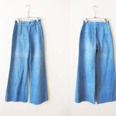 Vintage 70s Wide Leg High Waist Womens Pants Petite XS 24 - 1970s Boho Hippie Bell Bottom Blue Jeans 