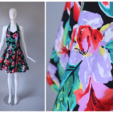 Vintage 1980s Joni Blair of California Black Tropical Print Fit and Flair Boned Bodice Tulle Petticoat Halter Dress 