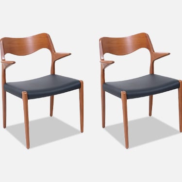 Niels M\u00f8ller Model-71 Leather & Teak Arm Chairs for J.L. M\u00f8llers