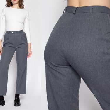 Small 70s Minimalist Grey Pleated Trousers 26" | Vintage High Waisted Plain Tapered Leg Pants 