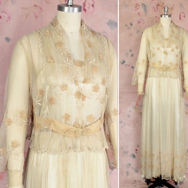 Early 1920s Wedding Dress / 1910s-20s Ecru Net Sheer Gossamer Mesh Gown / Antique Bridal Gown 