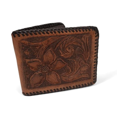 Vintage Floral Embossed Leather Wallet, Hand Tooled & Laced Trim Bi-fold, Handmade Card Holder, Unisex Accessories 