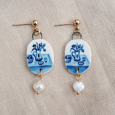 Still Life Ceramic Earrings, Blue and White Ceramics, Hand Painted Ceramic Charms, Miniature Painting, Classical Ceramics, Aesthetic Jewelry 