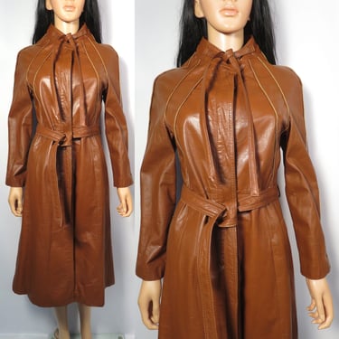 Vintage 70s Brown Leather Trench Coat With Sunburst Piping And Neck Tie Size XS 