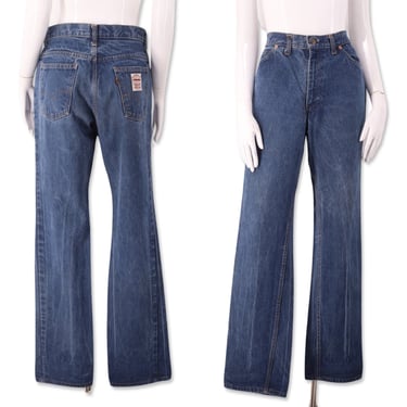 70s LEVIS orange tab high rise flare jeans 30, vintage 1970s dark denim bells, rare denim 10 M 