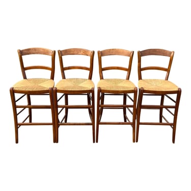 Made in France Solid Maple Rush Seat Bar Stools - Set of 4 