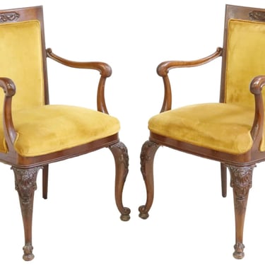 Armchairs, 8, Continental Carved Mahogany Yellow Velvet, Vintage / Antique!!