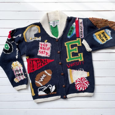 school teacher cardigan 90s vintage Eagle's Eye football cheerleader letterman sweater 