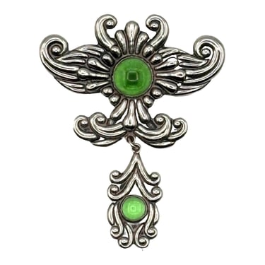 Antique Art Nouveau Silver And Green Stone Style Brooch 