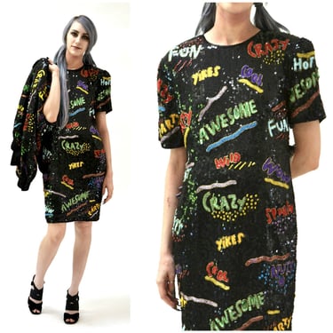 Vintage Sequin Dress Black Size small Medium By Modi Pop Art// 90s Vintage Beaded Dress with 90s Words Awesome Fun Crazy 