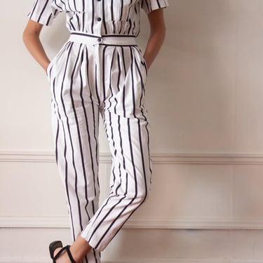 1980s Black and White Striped Cotton Jumpsuit 