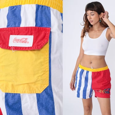80s Coca Cola Shorts Color Block Beach Shorts Vintage Coke Shorts Swim Trunks High Waisted Shorts Red White Blue Retro Vacation Men's Medium 
