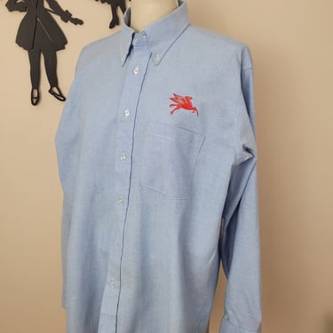 Vintage 1980's Men's Mobile Button Up /90s Blue Gas Attendant Shirt L 