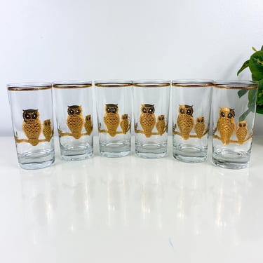 Retro Vintage MCM Alberto Culver “22k Gold Owl Motif” Set of 6 Highball Glasses, Vintage Culver Barware, Owl Glass Tumblers, Owls on Branch 