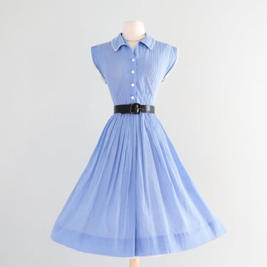 Vintage 1940's Powder Blue Pinstripe Cotton Dress / M