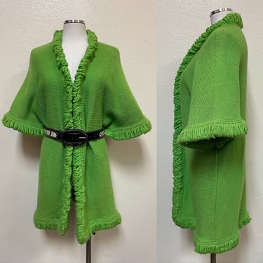 1960s Lime Green Wool Knit Short Sleeve Oversized Shawl Sweater by Le Roy Knitwear CA, S-M-L | Vintage, Mod, Retro, Funky, Yarn, Hippie 