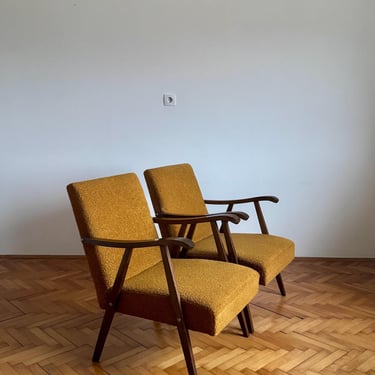 1 of 2 Antique Wooden Armchair / Mid Century Mustard Yellow Accent Chair / Uphosltered Lounge Chair / Yugoslavia / 1960s 