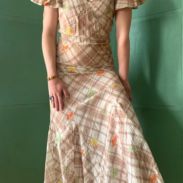 1930s Deco Floral Plaid Cotton Maxi Dress - Size XS