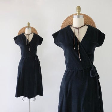 70s black wrap dress - s - vintage 70s 80s womens minimal boho size small with pockets 
