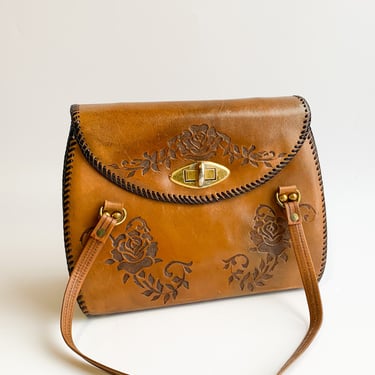 1970s Caramel Hand Tooled Leather Bag