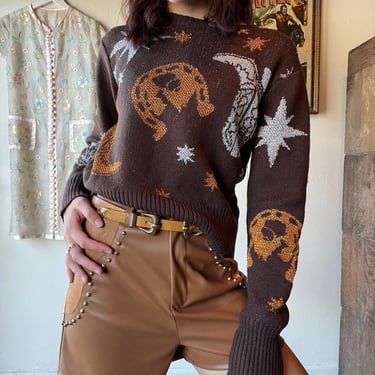 Brown Metallic Western Printed Sweater