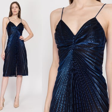 XS 70s Metallic Blue Fan Pleat Party Dress | Vintage Boho Accordion Pleated Sheer Midi Disco Dress 