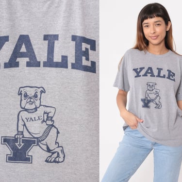 Yale University Shirt Y2K Bulldogs College T-Shirt Retro Graphic Tee Ivy League Tshirt Heather Grey Vintage 00s Large 