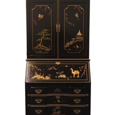 JASPER CABINET Black Lacquered Asian Chinoiserie 35" Secretary Desk w. Bookcase Cabinet Top 