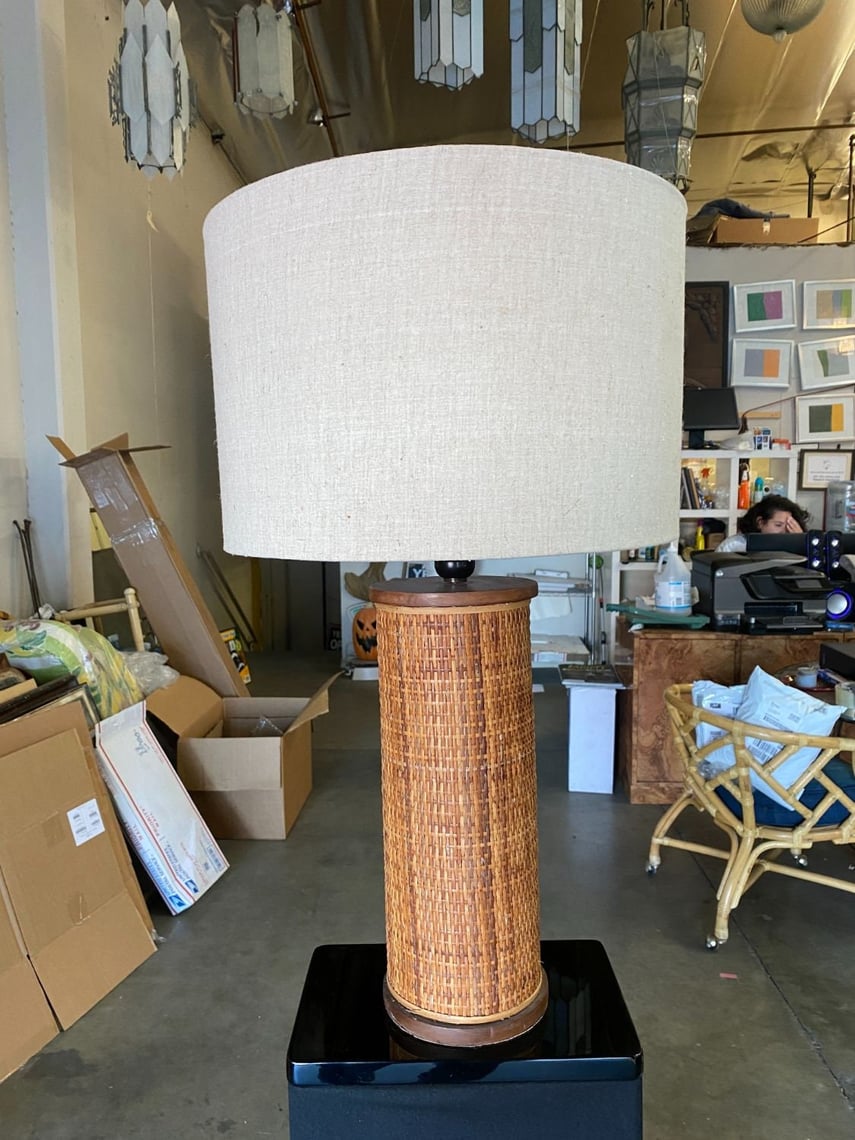 Modernist Tropical Cylinder Lamp with Woven Wicker Sides | Harvey's on ...